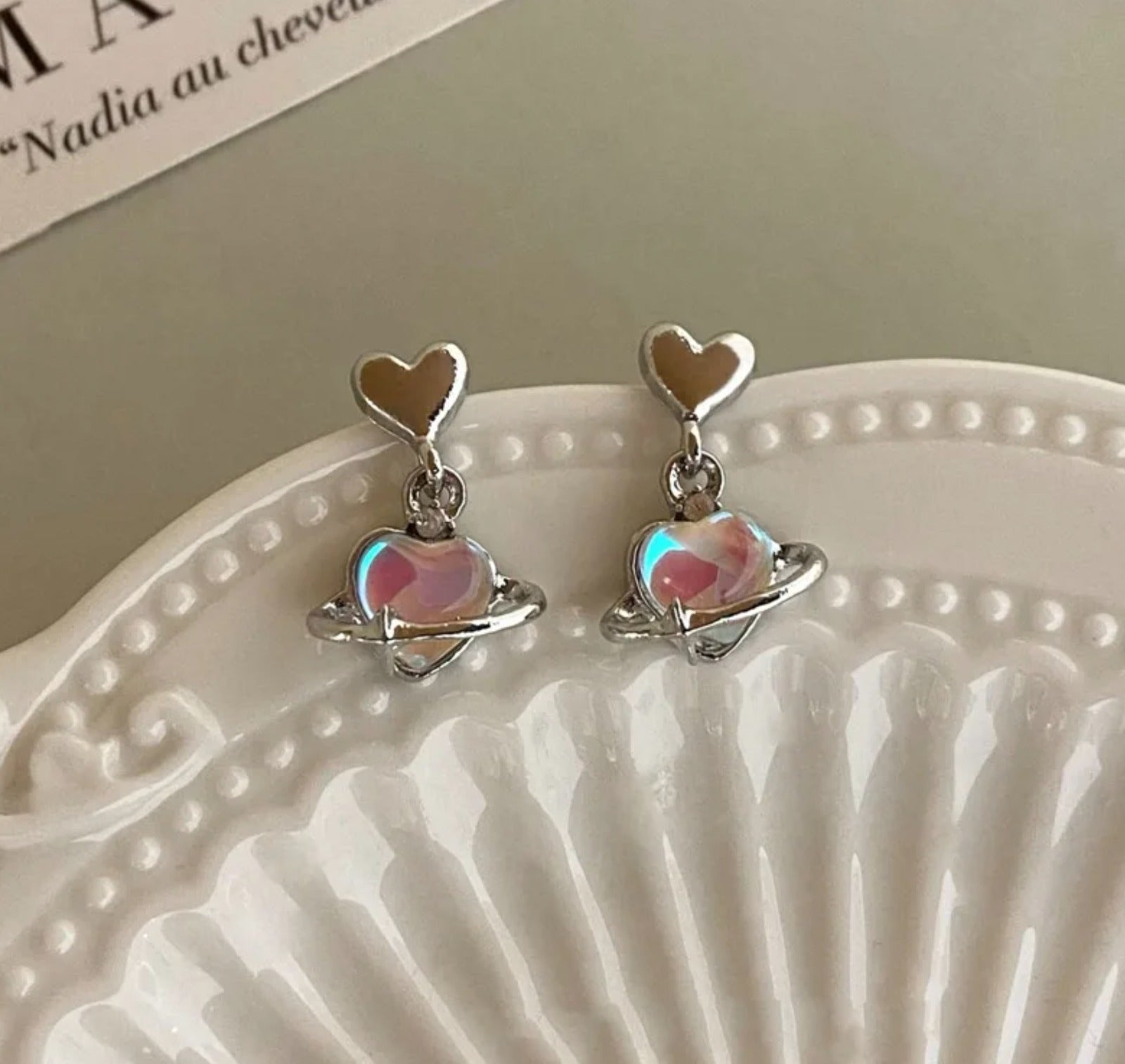 Korean Silver-Plated Heart & Saturn Planet Drop Earrings for Women