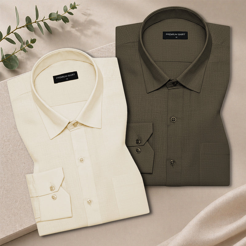Pack of 2 Olive & Cream Textured Linen Shirt For Men