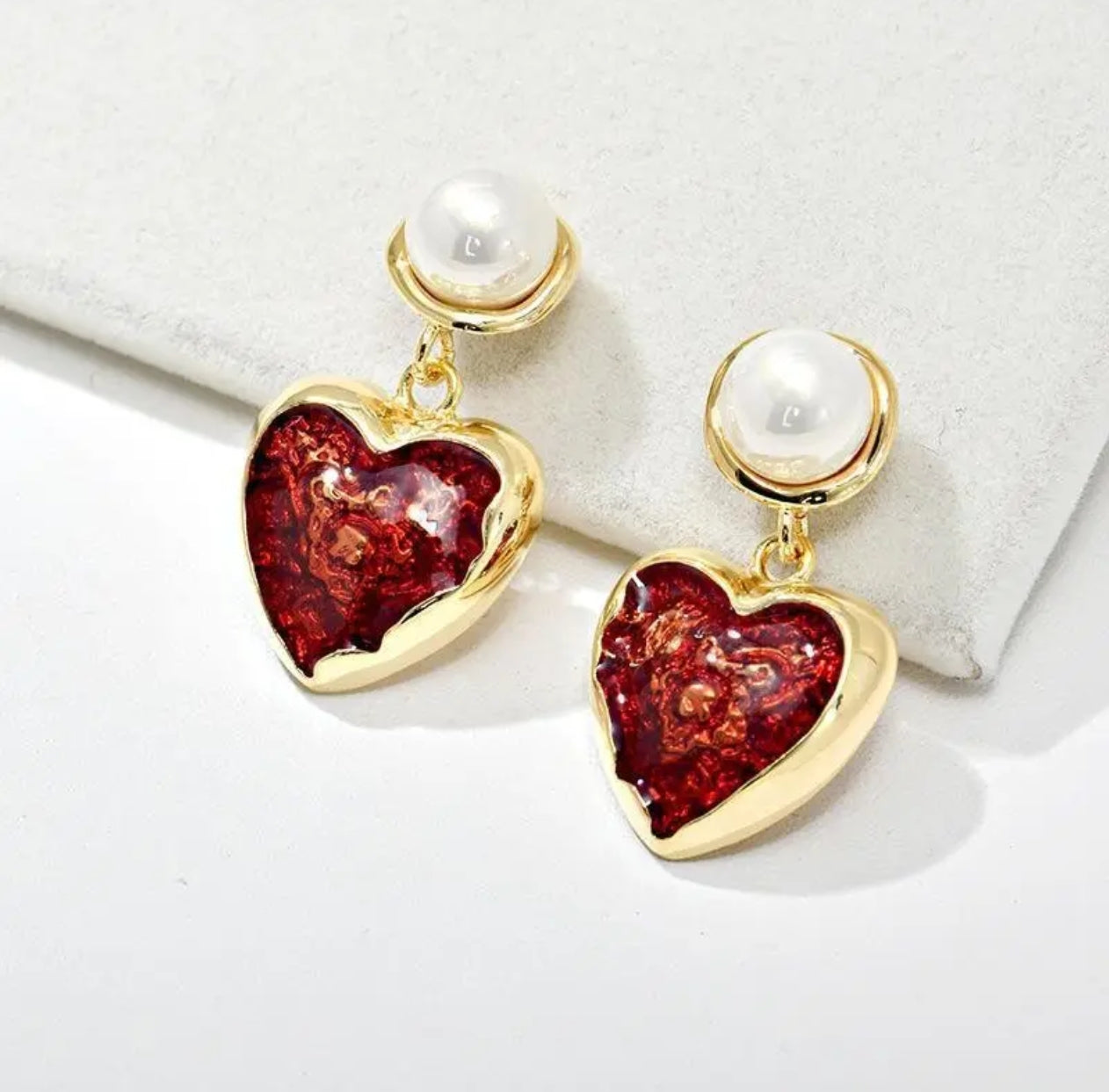 Gold-Plated Red Heart Pearl Dangle Earrings