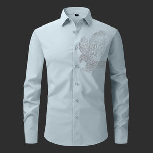 Light blue shirt with eagle embroidery on a gradient background