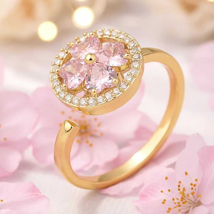 Jazz And Sizzle Gold Plated Crystal Gold Pink Floral Statement Ring