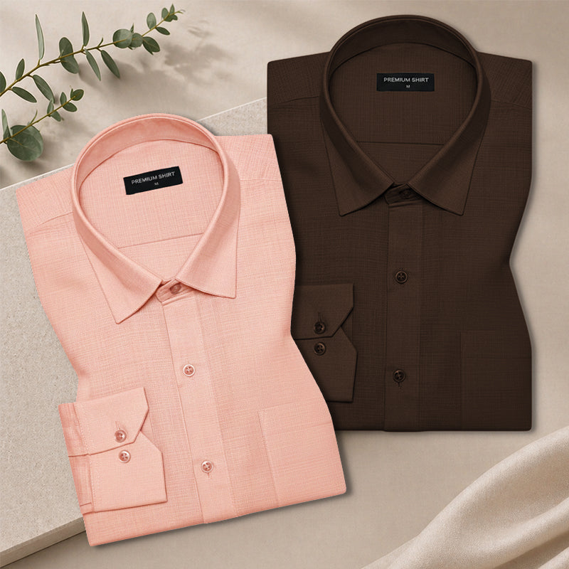Pack of 2 Rose Gold & Brown Textured Linen Shirt For Men