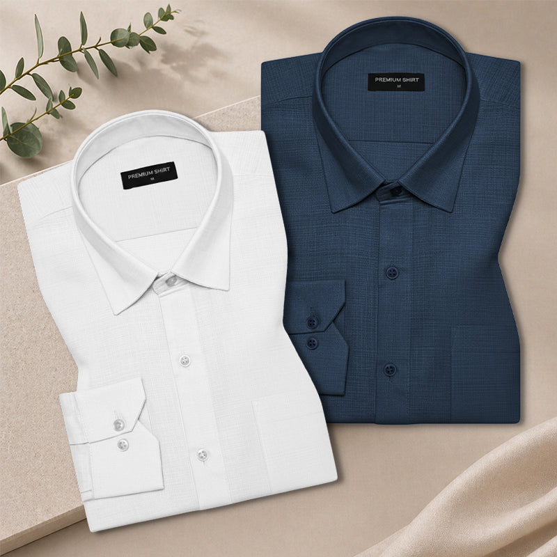 Pack of 2 Royal Blue & White Textured Linen Shirt For Men