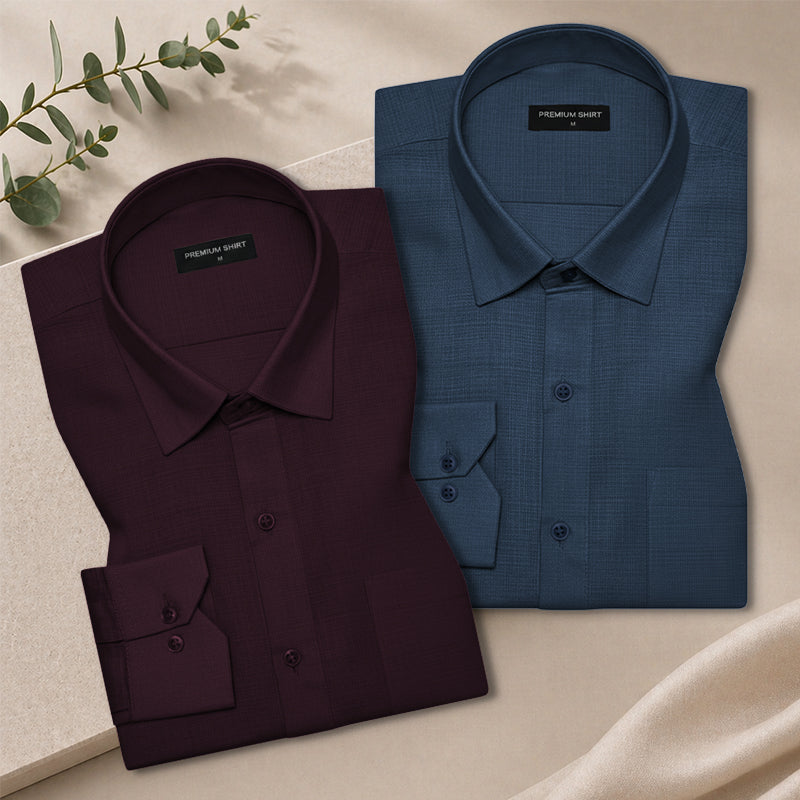 Pack of 2 Royal Blue & Wine Textured Linen Shirt For Men