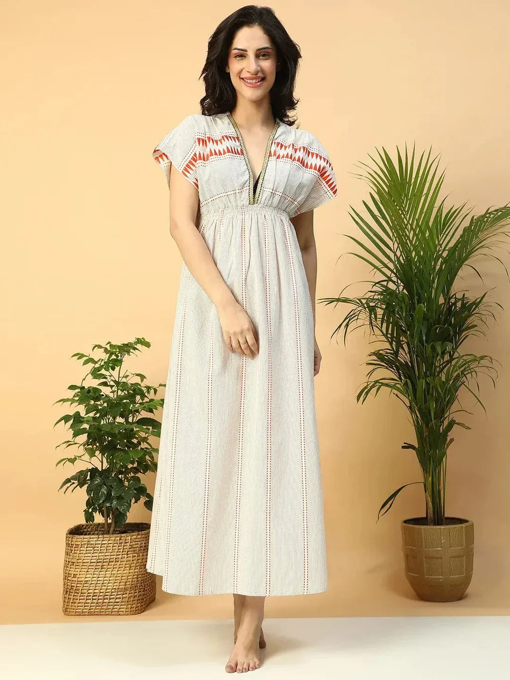 Glowin Beige Elasticated V-Neck Short Sleeve Women Beachwear Cotton Dress
