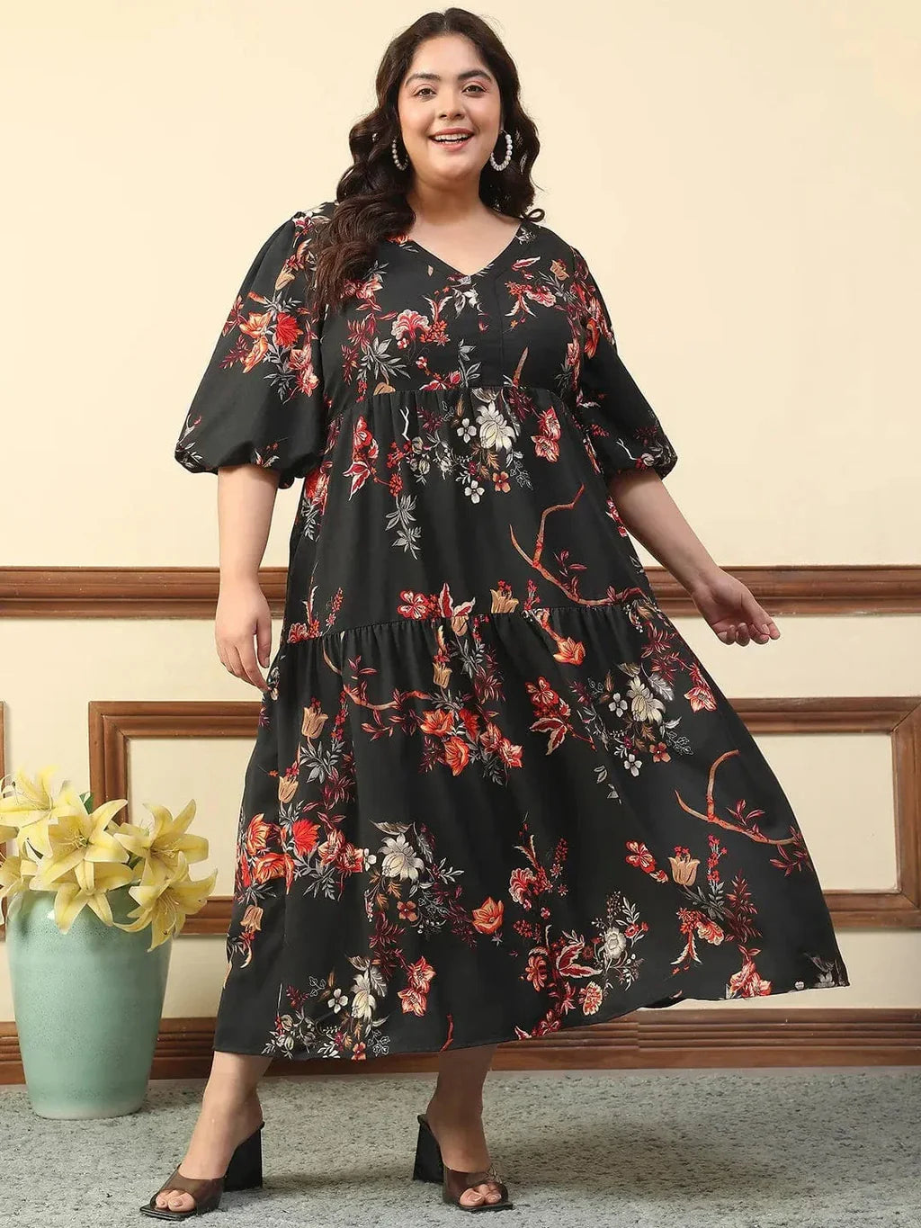 Typical Black Floral Print Short Balloon Sleeve Plus Size Women Long Maxi Dress