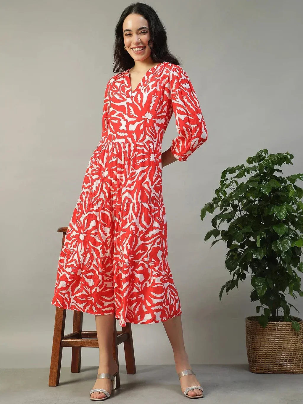 Special Red Floral Print 3/4 Length Sleeves Women Dress