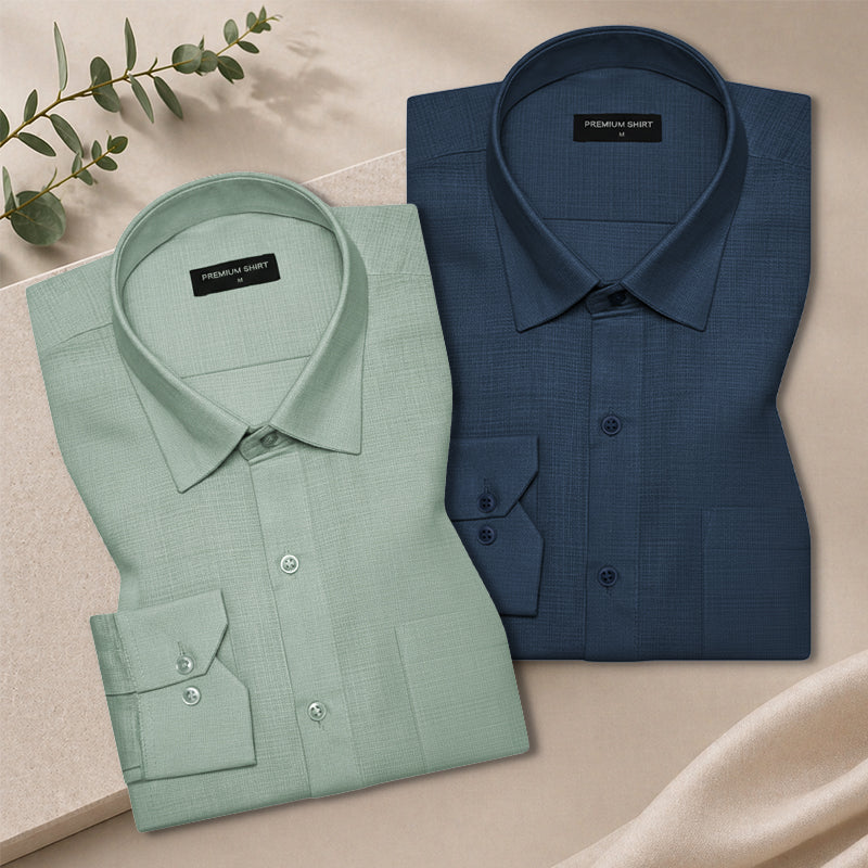 Pack of 2 Sage & Royal Blue Textured Linen Shirt For Men