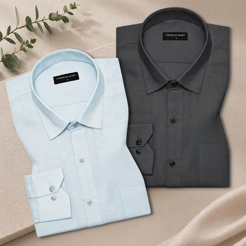 Pack of 2 Sky Blue & Dark Grey Textured Linen Shirt For Men