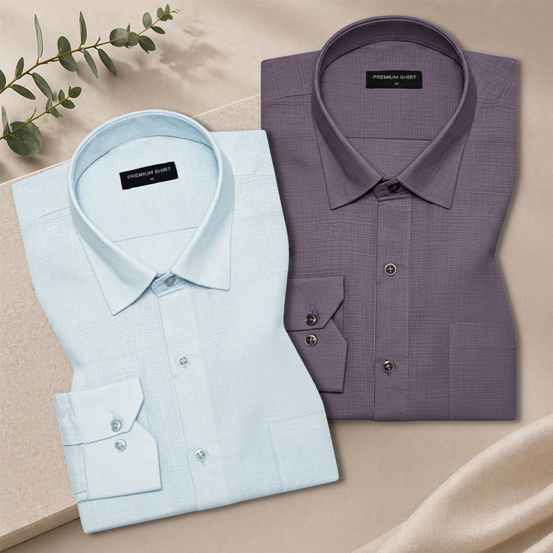Pack of 2 Sky Blue & Purple Textured Linen Shirt For Men