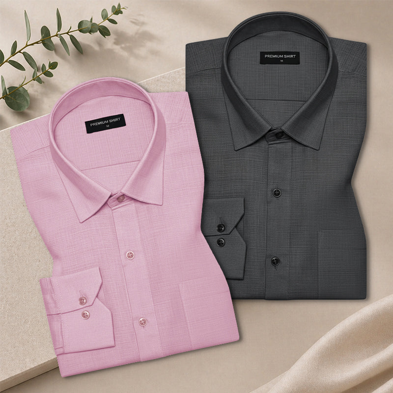 Pack of 2 Solid Pink & Dark Grey Textured Linen Shirt For Men
