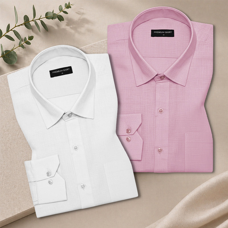 Pack of 2 Solid Pink & White Textured Linen Shirt For Men