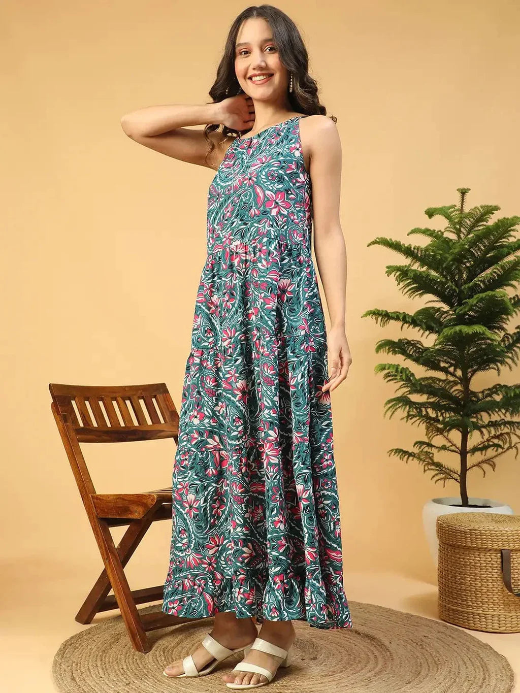 Multicolor Floral Print Shoulder Strap Long Flare Maxi Women Dress 96+ Units sold in last week