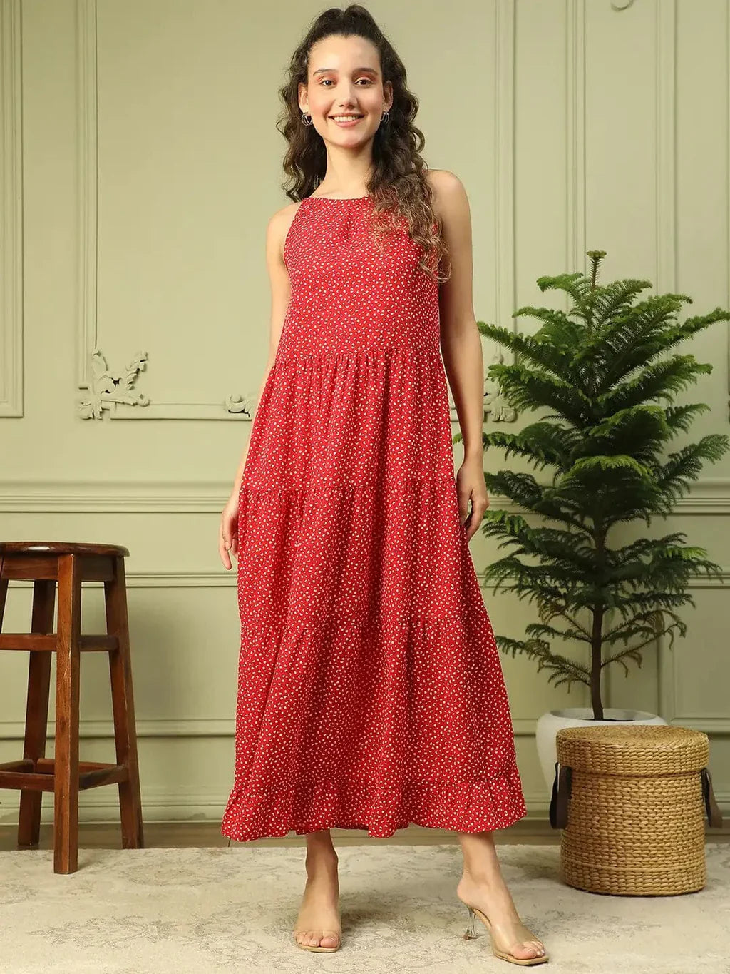 Expressive Red Polka Dot Print Shoulder Strap Long Flare Maxi Women Dress 96+ Units sold in last week