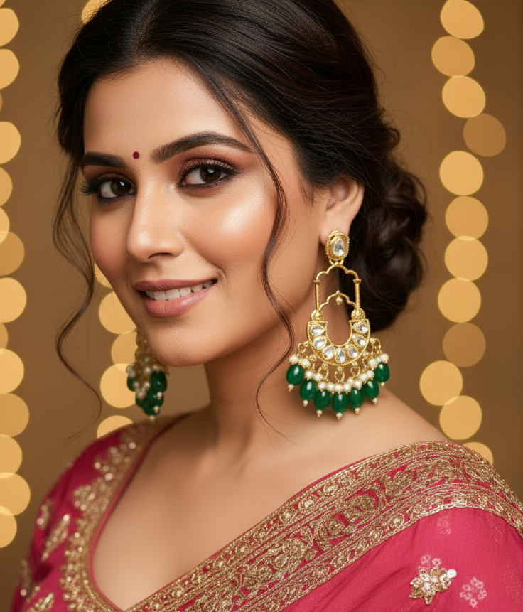 Jazz and Sizzle Gold-Plated Traditional Kundan & Green Pearl Beaded Chandbali Drop Earrings for Women