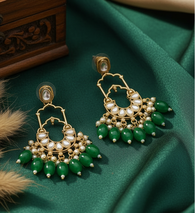 Jazz and Sizzle Gold-Plated Traditional Kundan & Green Pearl Beaded Chandbali Drop Earrings for Women