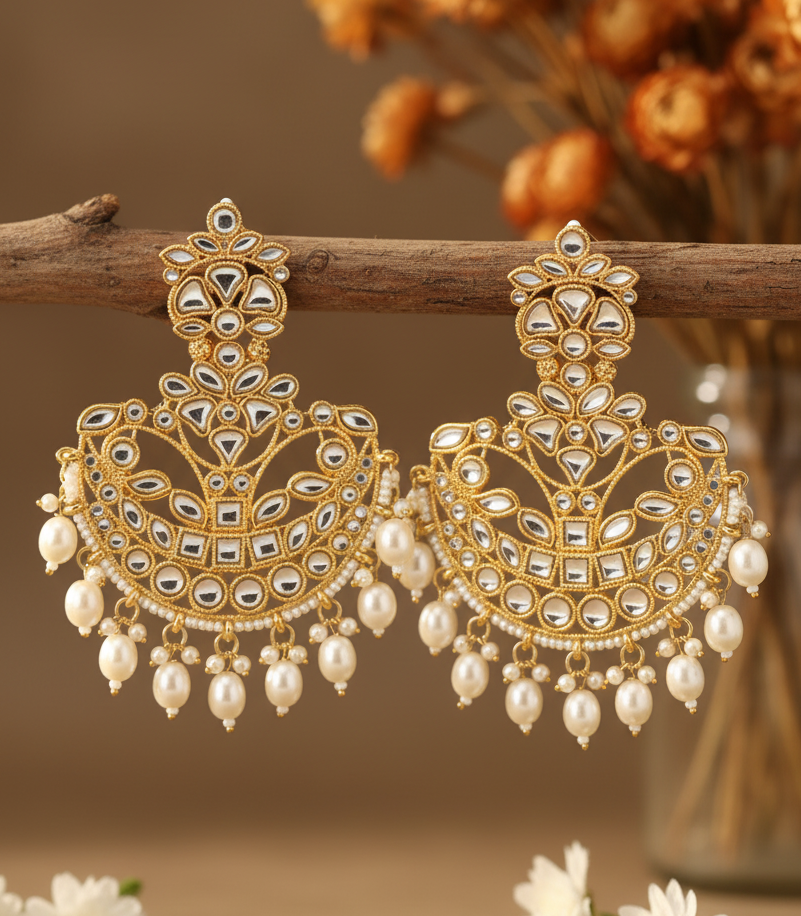 Jazz and Sizzle Gold-Plated Antique Kundan Chandbali Earrings with Cascading Pearl Drops