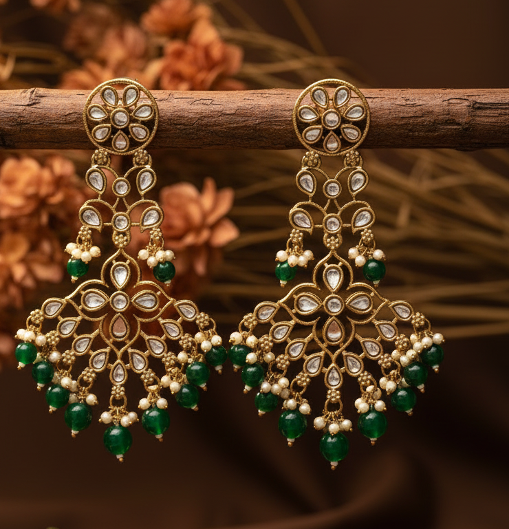 Jazz and Sizzle Gold-Plated Traditional Kundan & Green Bead Chandbali Dangler Earrings for Women