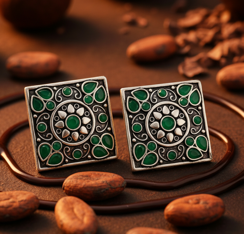 Jazz and Sizzle Green Minakari Oxidised Plated Square Boho Stud Earrings