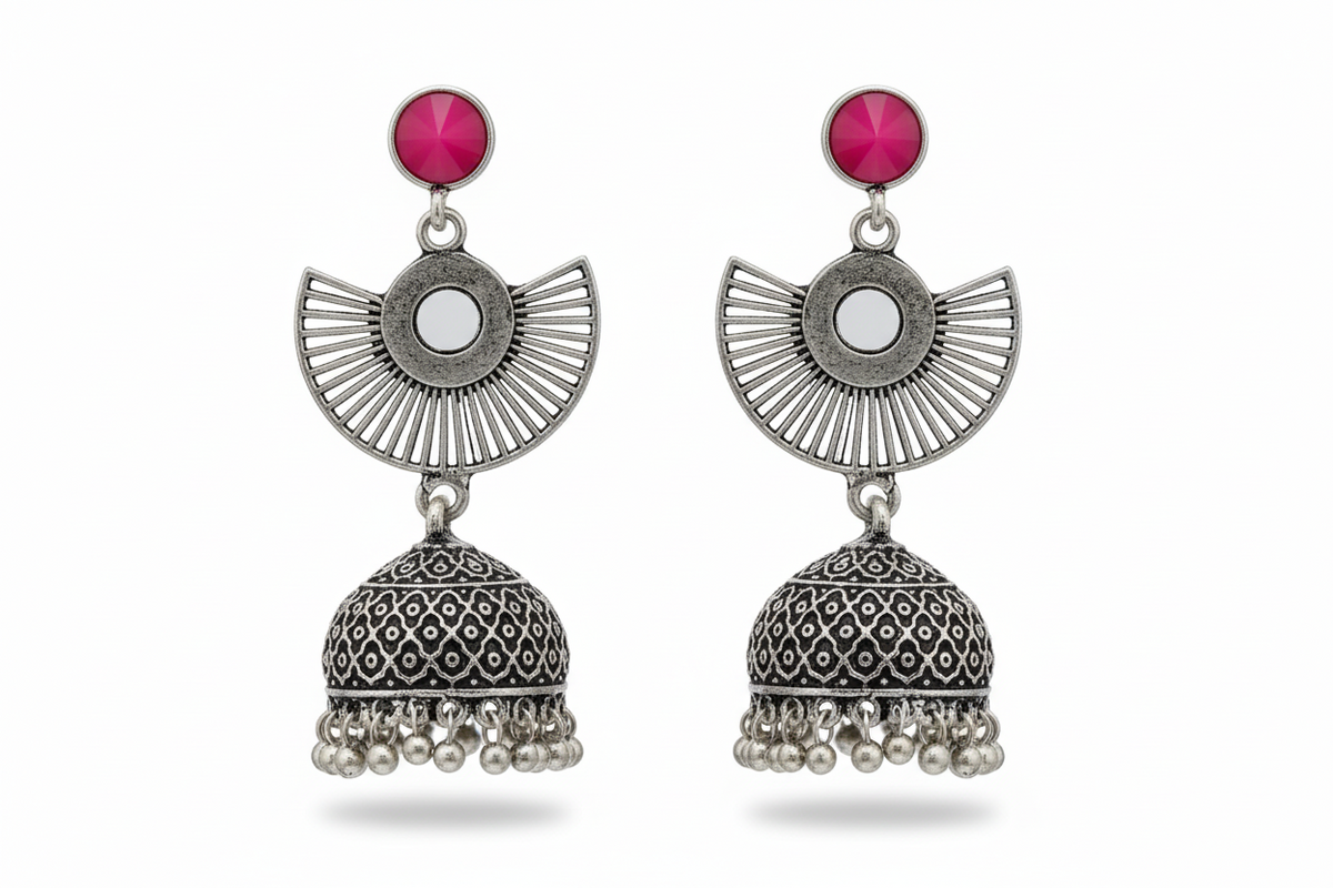 Jazz and Sizzle Moody Glamour Oxidised Silver Jhumka Earrings