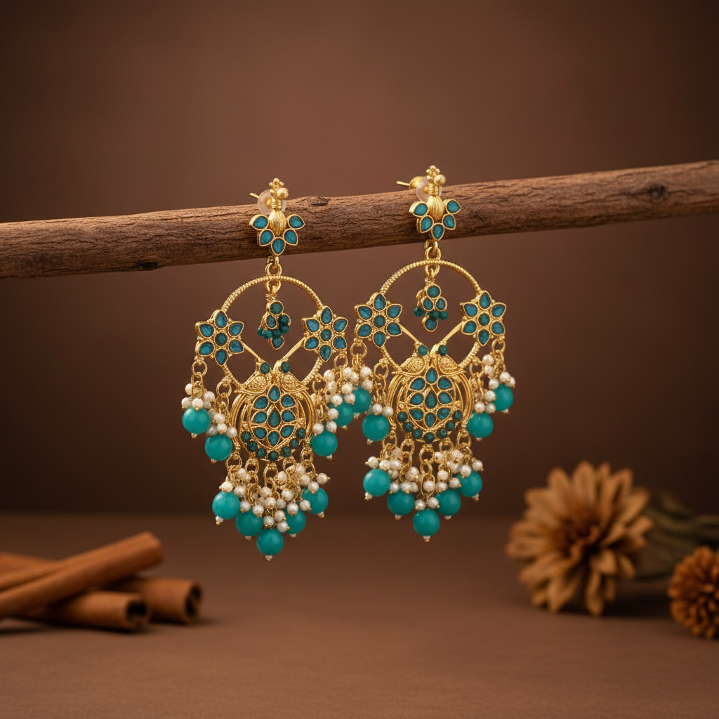 Jazz and Sizzle Luxe Gold Plated & Turquoise Blue Beaded Peacock Shaped Chand Bali Earring