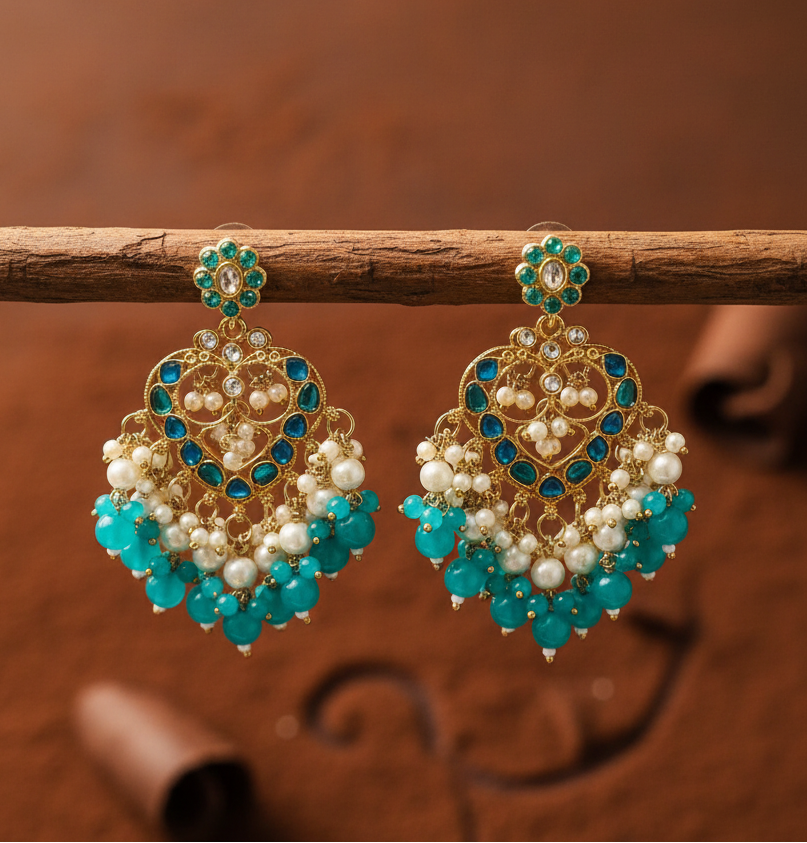 Jazz and Sizzle Kundan Studded & Teal Pearl Beaded Drop Chandbali Earrings