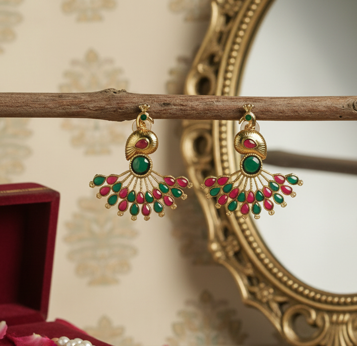 Jazz and sizzle Gold Plated Peacock Shaped Artificial Stone Studded Drop Earrings