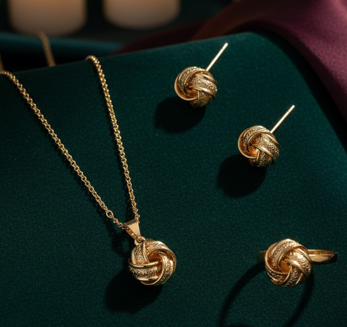Gold Plated Knot Design Pendant Necklace Set with Stud Earrings & Ring for Women