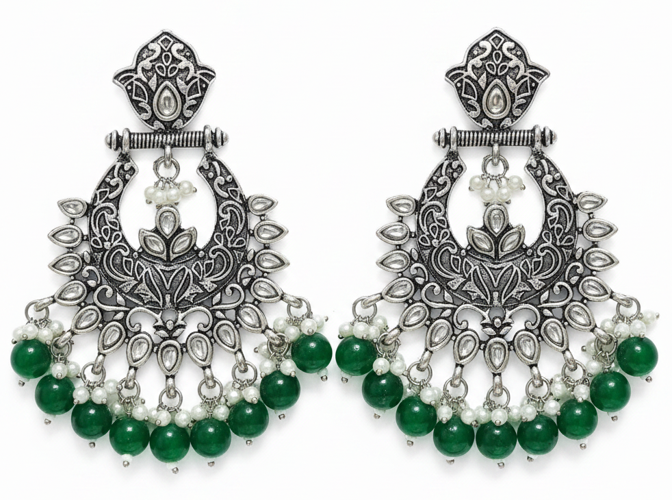 Jazz and Sizzle Pair Of Silver And Green Beaded Oxidized Chandbali Earrings