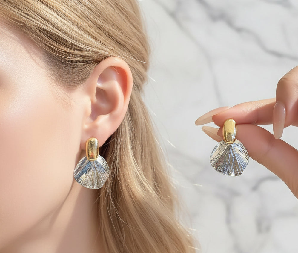 Jazz And Sizzle Metal Texture Shell Shaped Statement Drop Earrings