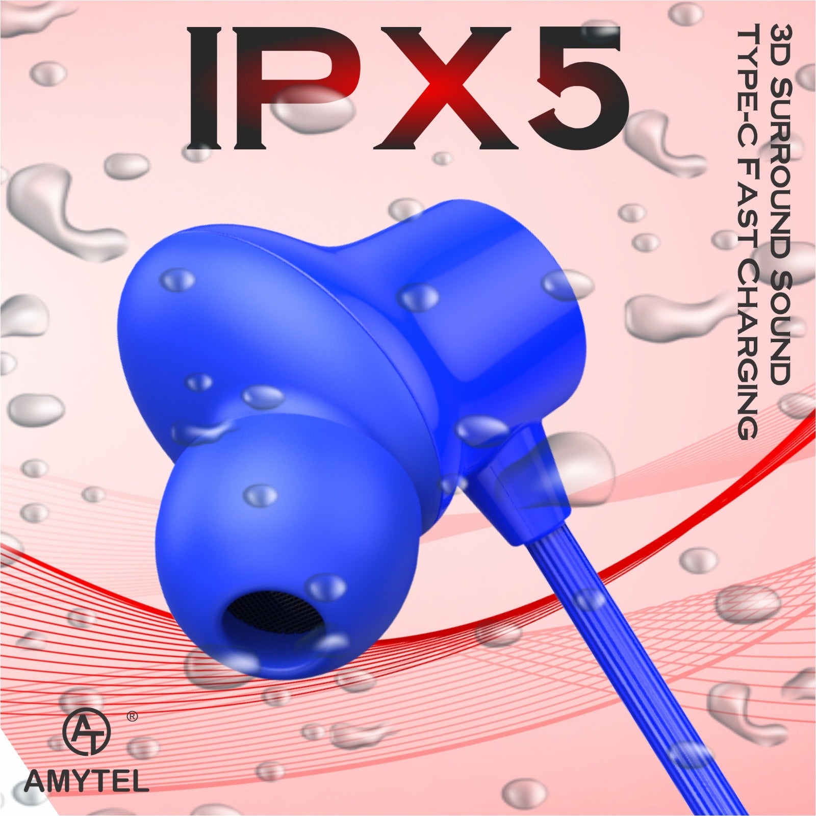 Amytel IPX5 Wireless Neckband Earphones with 25H Playtime & Magnetic Earbuds (Blue)