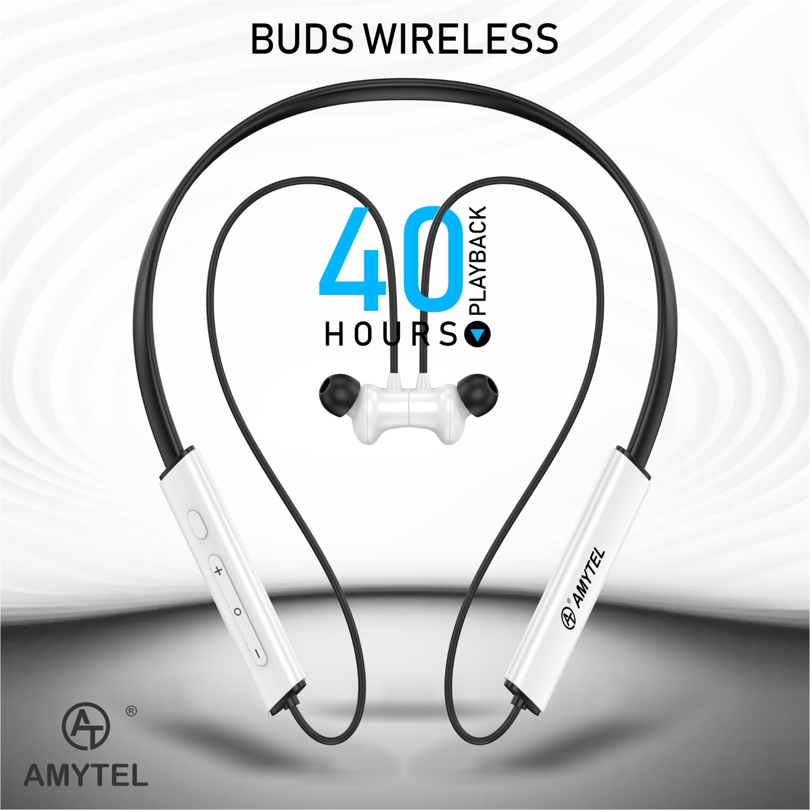 Amytel Buds Wireless Neckband Earphones with 40H Playtime, ANC & Low Latency (White)