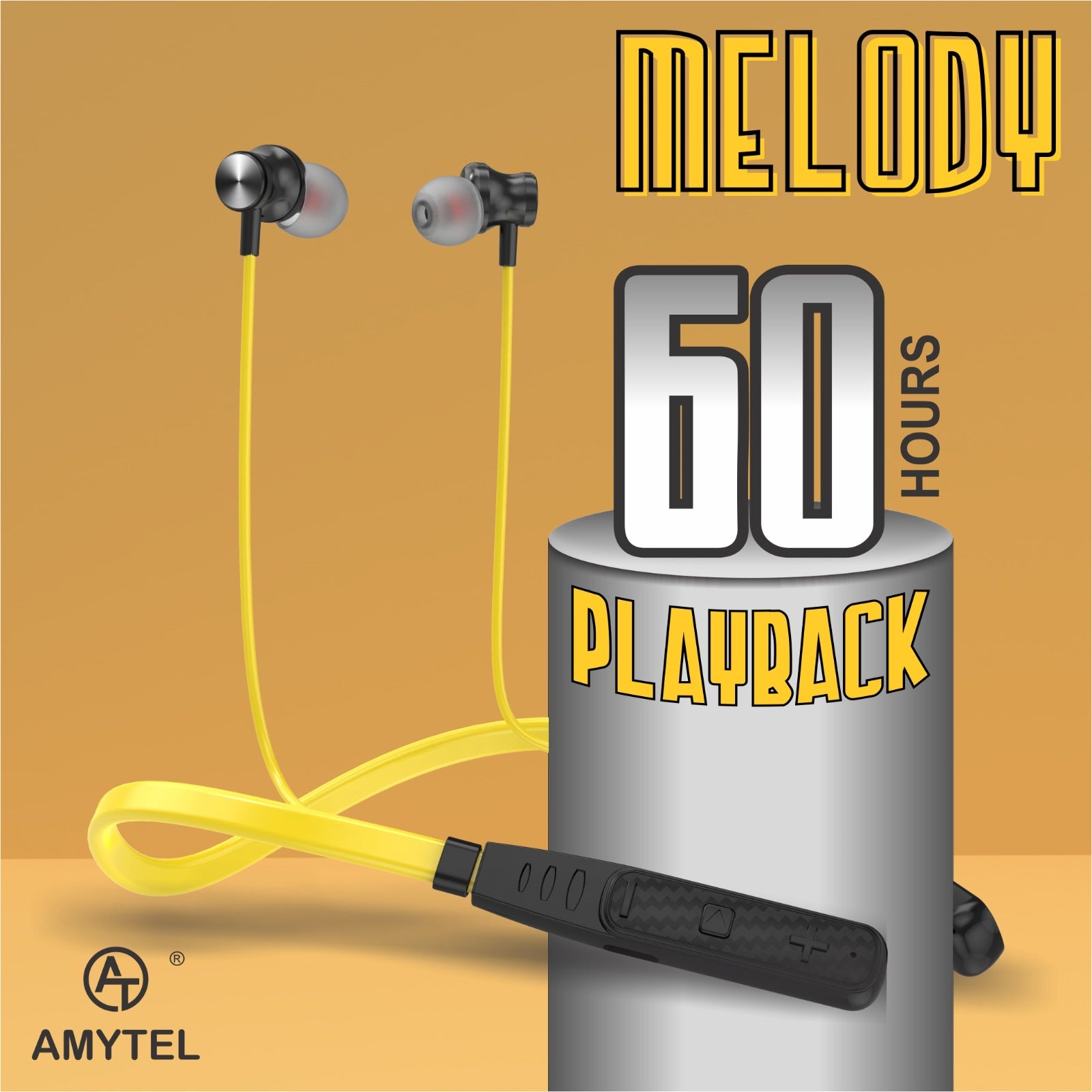 Amytel Melody Wireless Neckband Earphones | Bluetooth v5.4 | 60H Playback | 13mm Bass Driver | IPX5 Waterproof | Dual Pairing (Yellow)