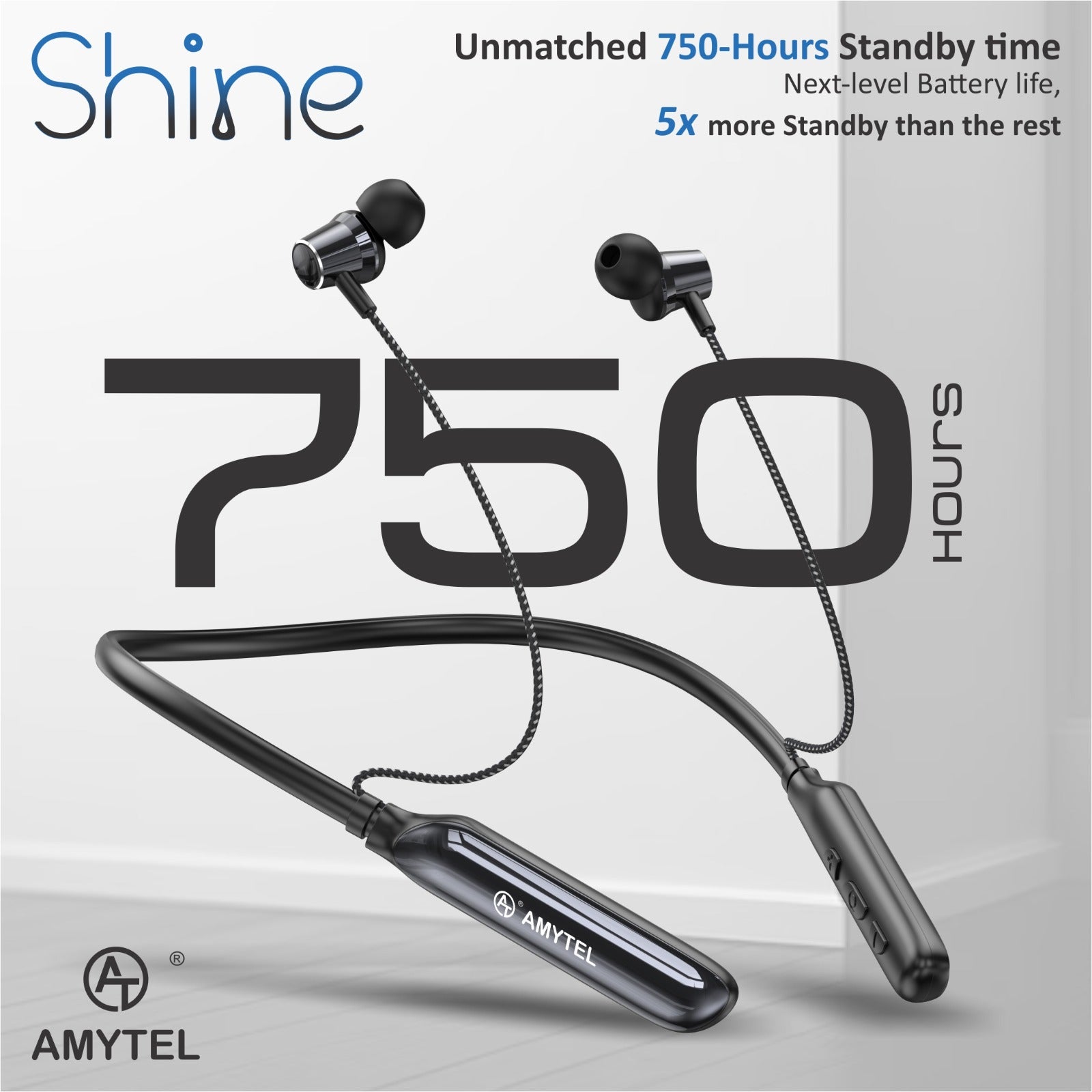 Amytel Shine Wireless Neckband Earphones | Bluetooth v5.4 | ENC Calling | 13mm Drivers | 750H Standby (Shiny Black)