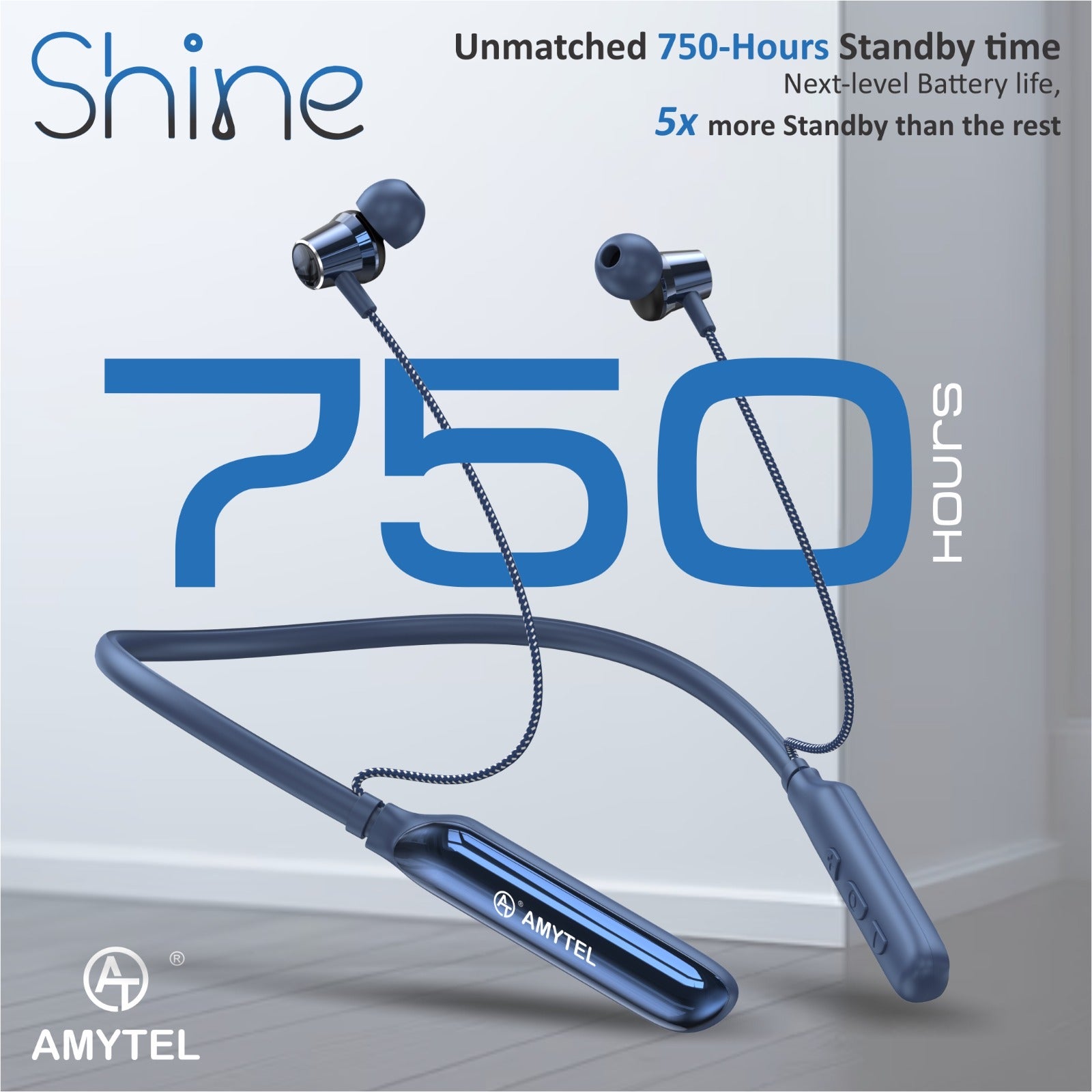 Amytel Shine Wireless Neckband Earphones | Bluetooth v5.4 | ENC Calling | 13mm Drivers | 750H Standby (Blue)
