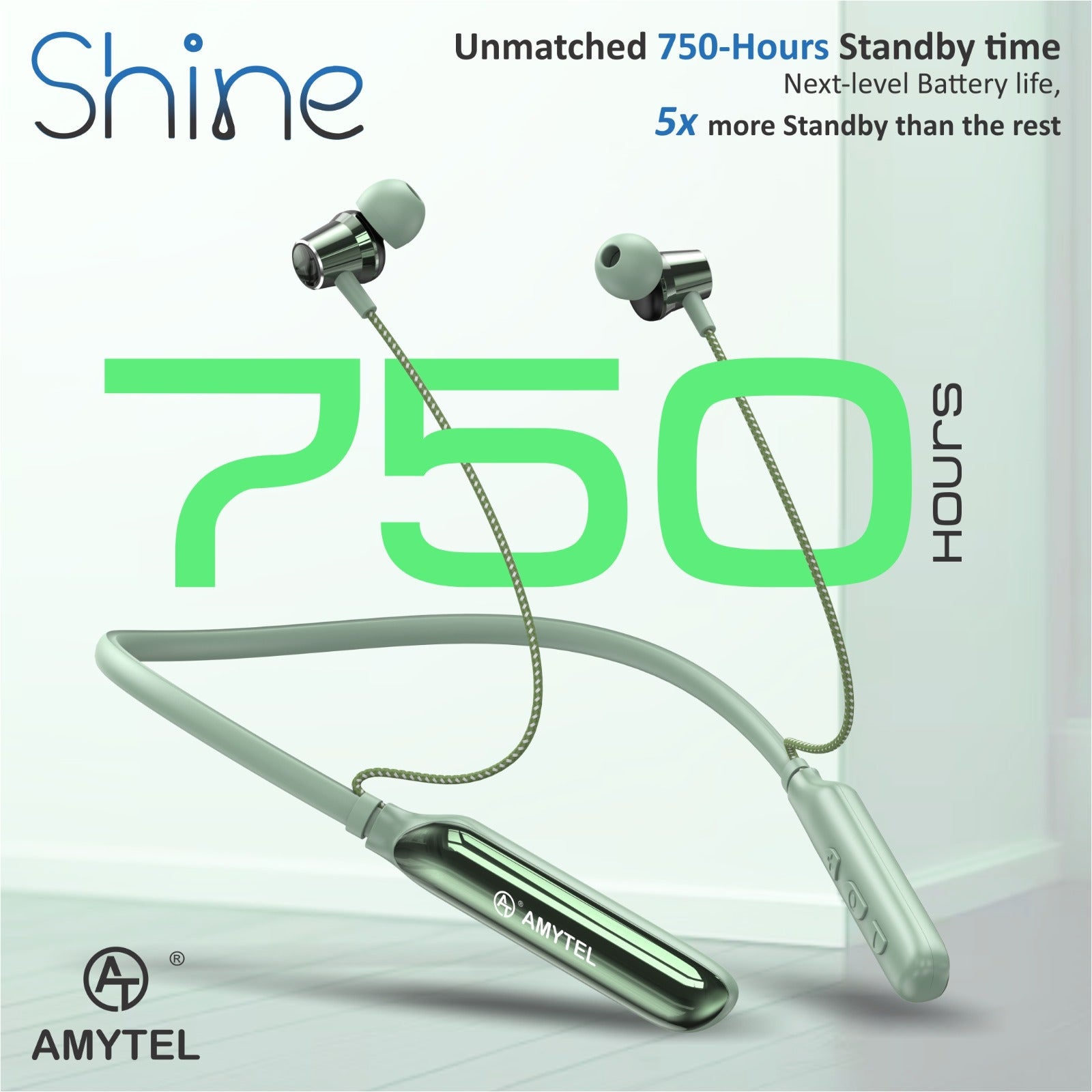Amytel Shine Wireless Neckband Earphones | Bluetooth v5.4 | ENC Calling | 13mm Drivers | 750H Standby (Green)