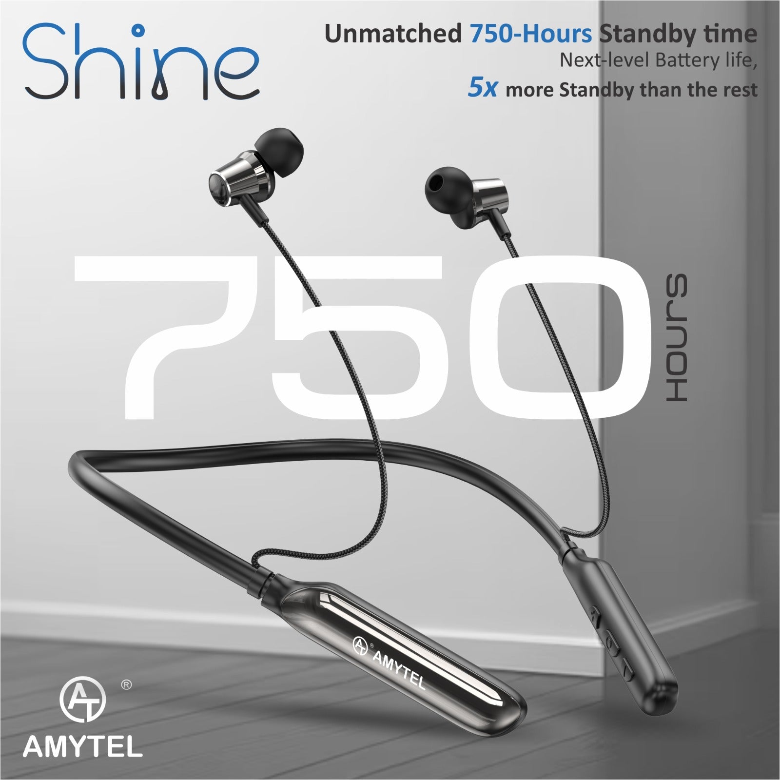 Amytel Shine Wireless Neckband Earphones | Bluetooth v5.4 | ENC Calling | 13mm Drivers | 750H Standby (Black)