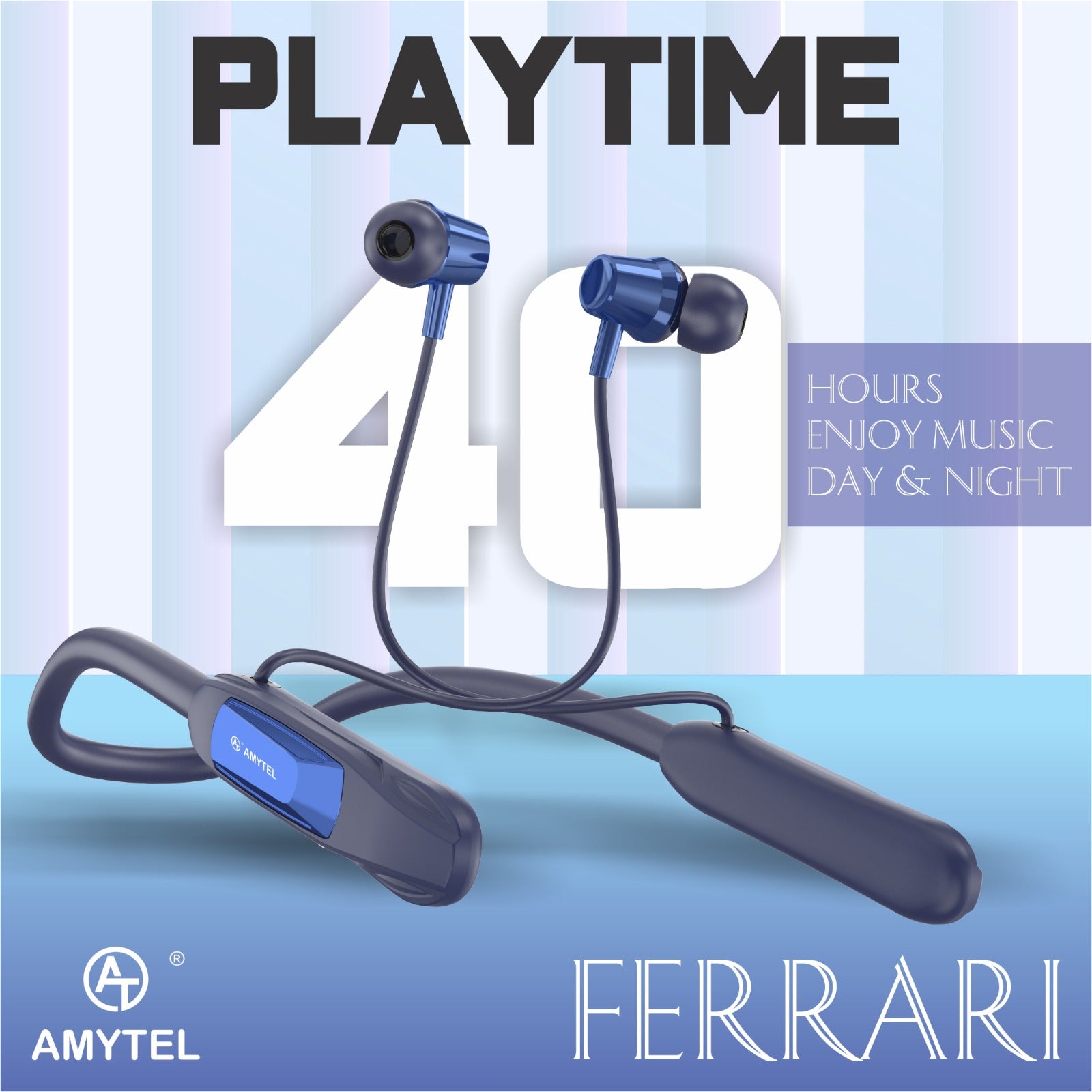 Amytel Ferrari Wireless Neckband Earphones | Bluetooth v5.3 | 40H Playtime | Gaming Mode | Voice Changer | IPX4 (Blue)