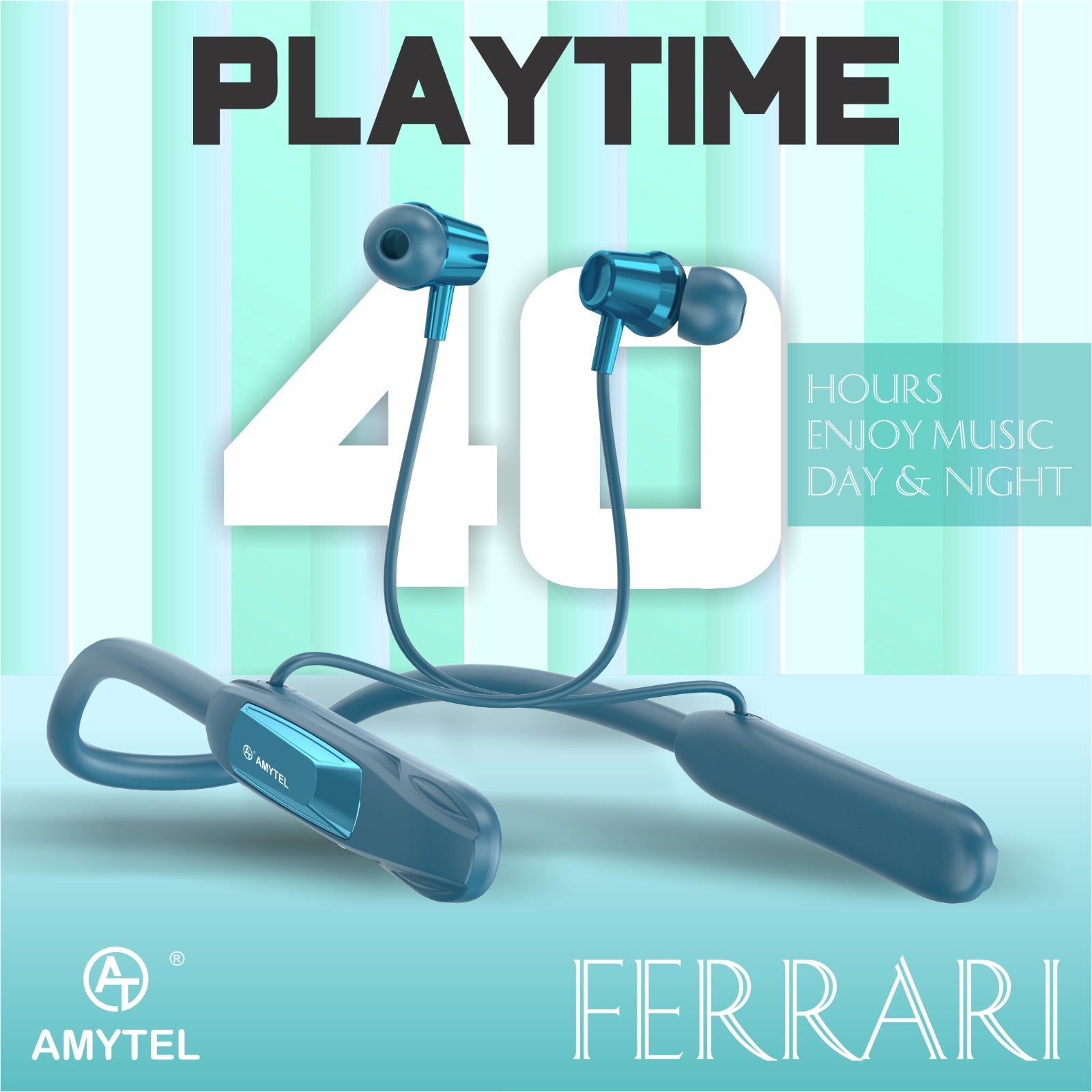 Amytel Ferrari Wireless Neckband Earphones | Bluetooth v5.3 | 40H Playtime | Gaming Mode | Voice Changer | IPX4 (Aqua)