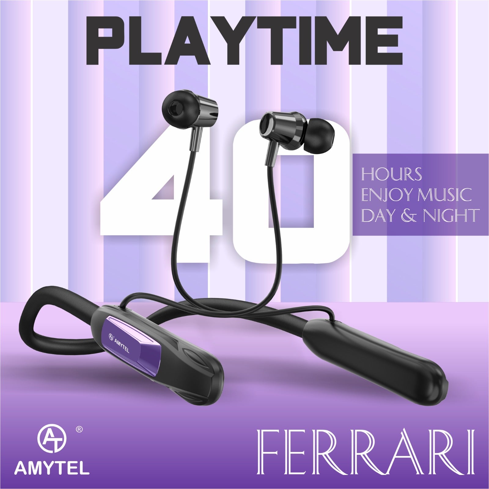 Amytel Ferrari Wireless Neckband Earphones | Bluetooth v5.3 | 40H Playtime | Gaming Mode | Voice Changer | IPX4 (Violet)