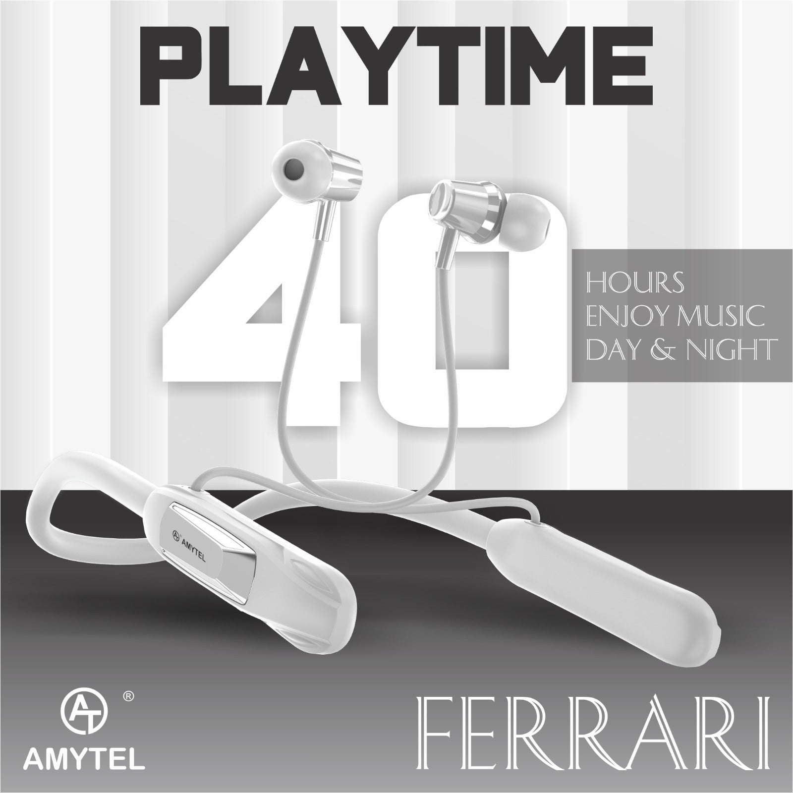 Amytel Ferrari Wireless Neckband Earphones | Bluetooth v5.3 | 40H Playtime | Gaming Mode | Voice Changer | IPX4 (White)