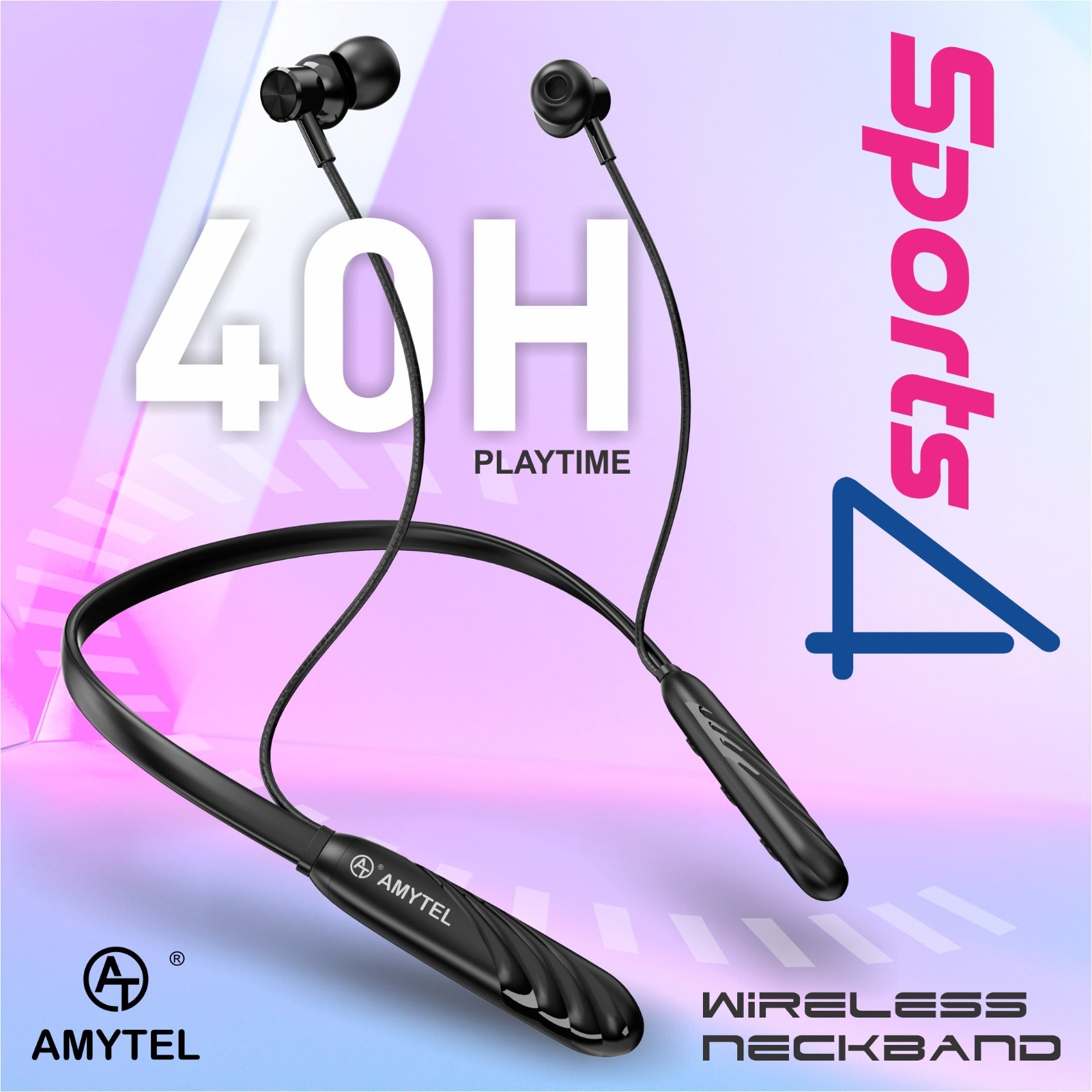 Amytel Sports 4 Wireless Neckband Earphones | Bluetooth v5.4 | 40H Playback | 13mm Dynamic Bass Driver | AI ENC | Dual Pairing | IPX4 Splash Resistant (Black)
