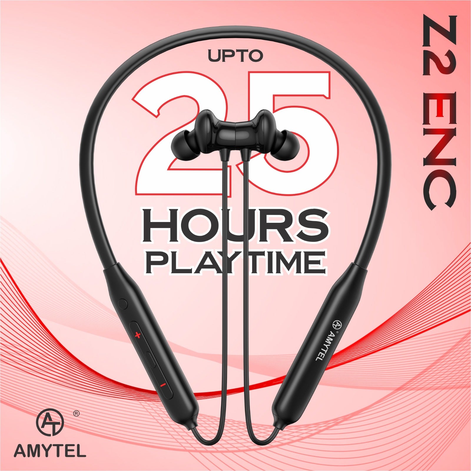 Amytel IPX5 Wireless Neckband Earphones | Bluetooth 5.3 | 25 Hours Playtime | Magnetic Auto On/Off | Type-C Fast Charging | IPX5 Water Resistant | HD Stereo Bass (Black)