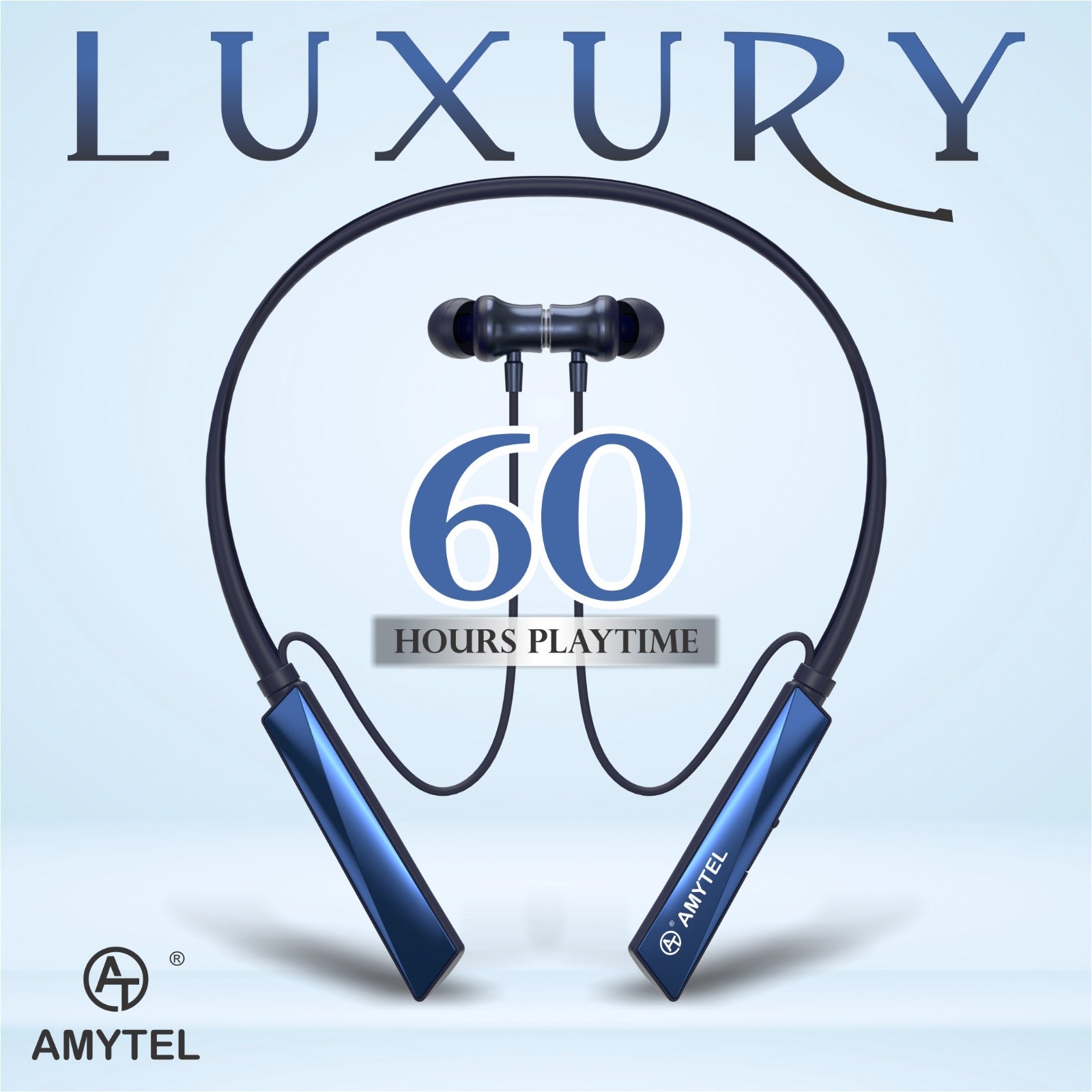 Amytel Luxury Wireless Neckband Earphones | Bluetooth v5.4 | 60H Playtime | 40ms Gaming Mode | Dual Device Pairing | Magnetic On/Off (Blue)