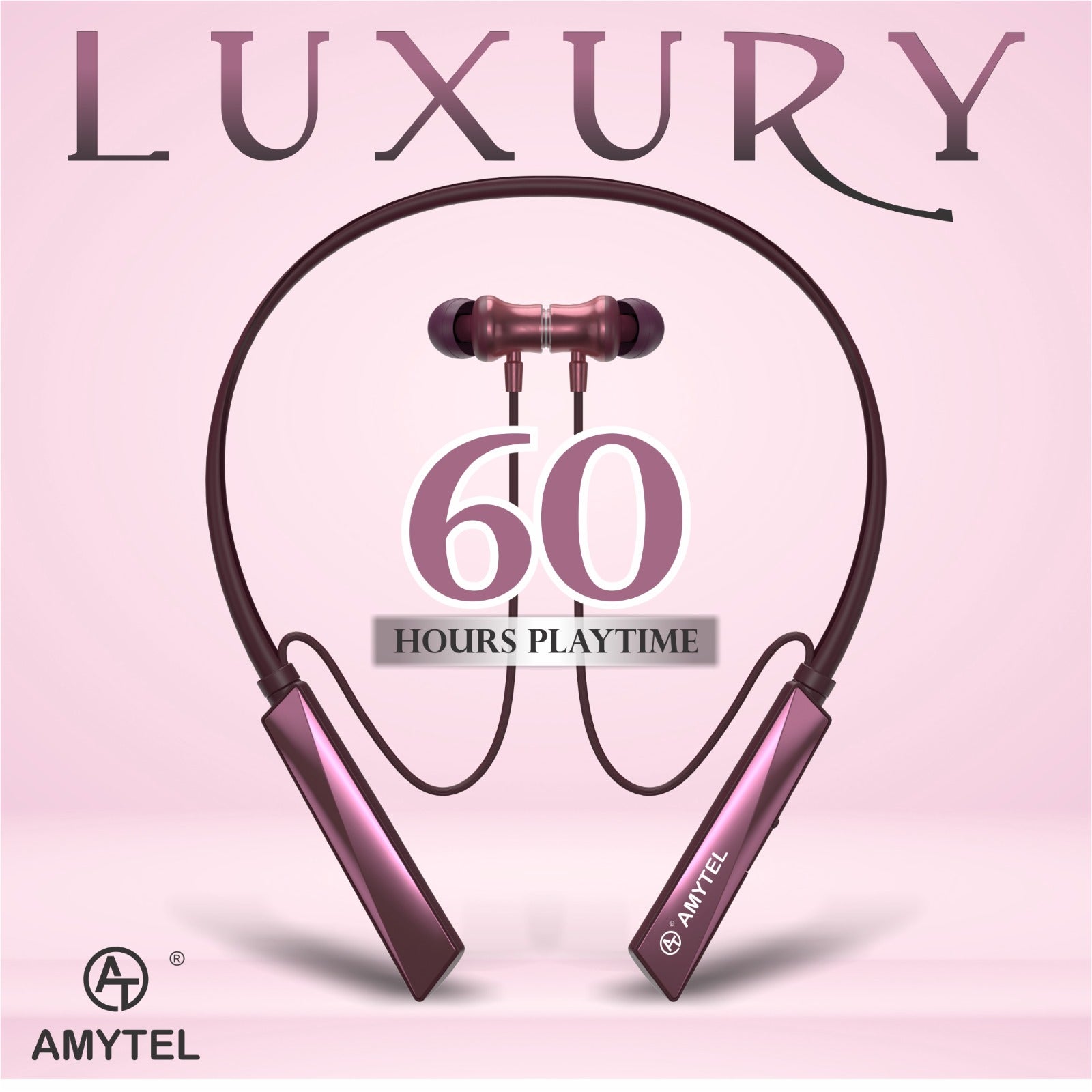 Amytel Luxury Wireless Neckband Earphones | Bluetooth v5.4 | 60H Playtime | 40ms Gaming Mode | Dual Device Pairing | Magnetic On/Off (Maroon)
