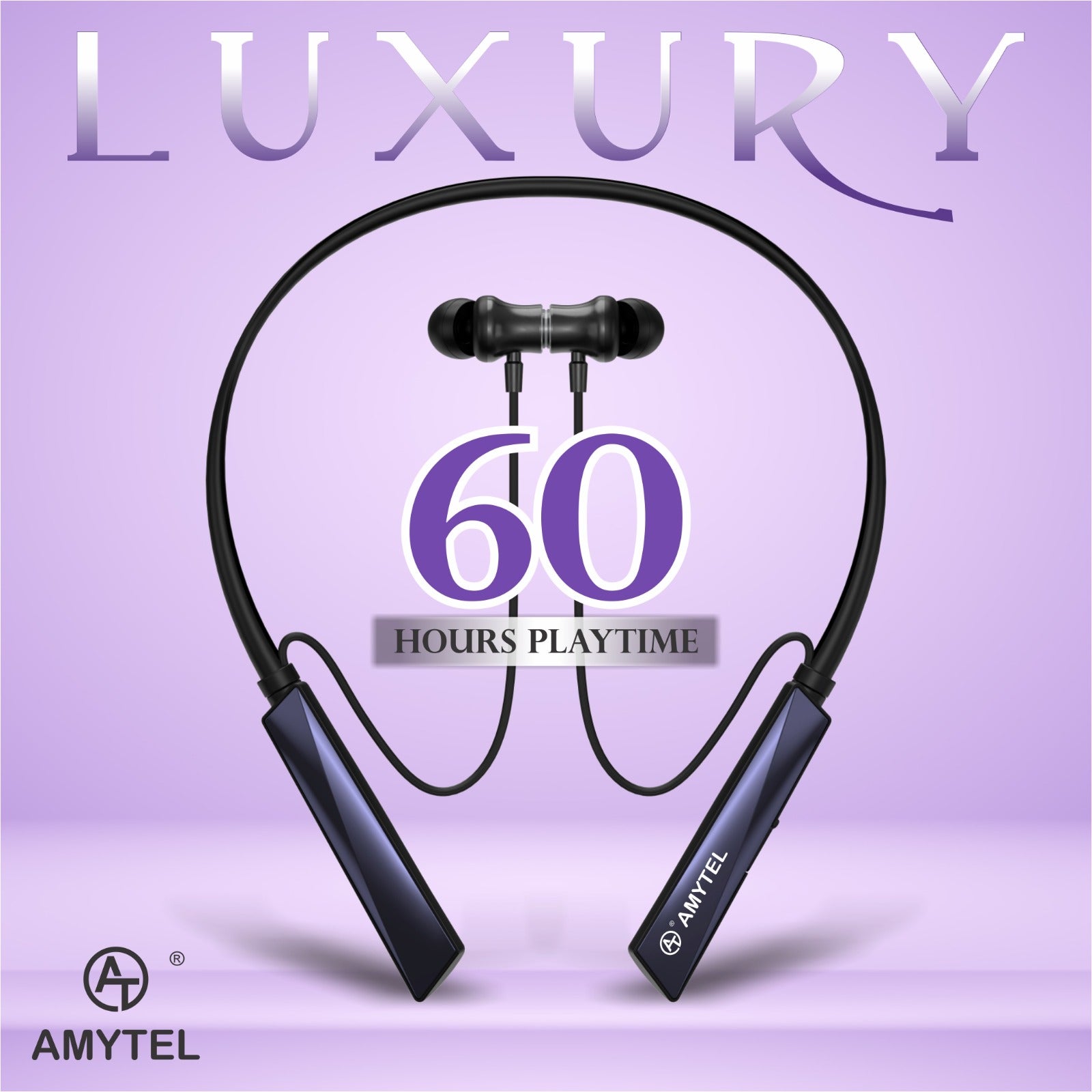 Amytel Luxury Wireless Neckband Earphones | Bluetooth v5.4 | 60H Playtime | 40ms Gaming Mode | Dual Device Pairing | Magnetic On/Off (Black)