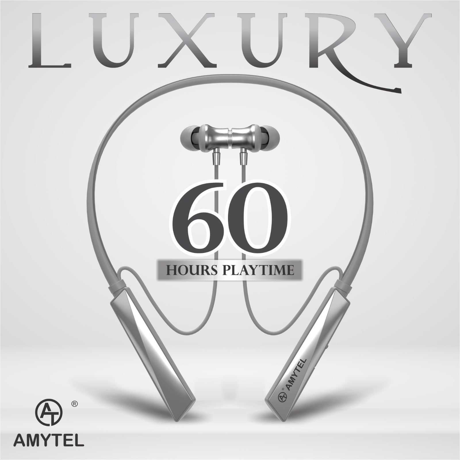 Amytel Luxury Wireless Neckband Earphones | Bluetooth v5.4 | 60H Playtime | 40ms Gaming Mode | Dual Device Pairing | Magnetic On/Off (Grey)
