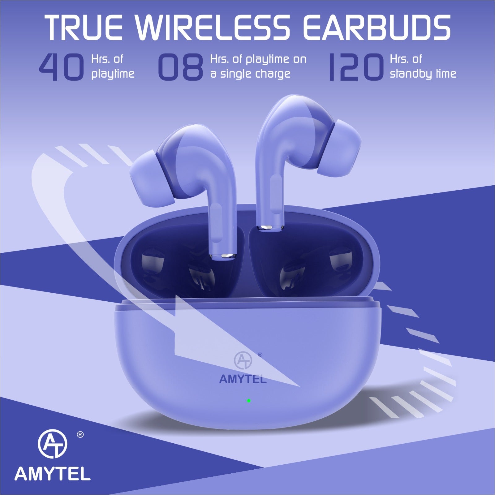 Amytel AeroPods V5.3 True Wireless Earbuds with 40H Playtime & Touch Controls (Violet)