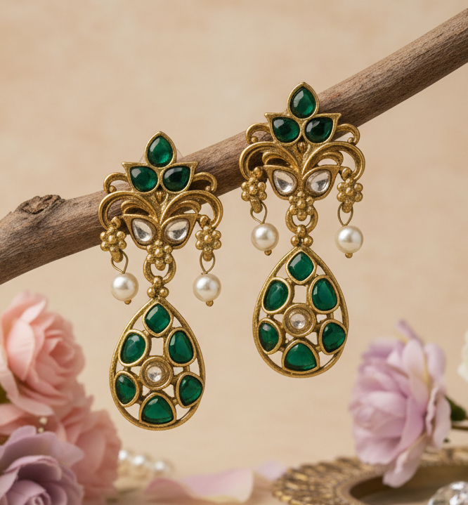 Jazz and Sizzle Gold-Plated Emerald Green Kundan Polki Dangler Earrings with Pearl Drops