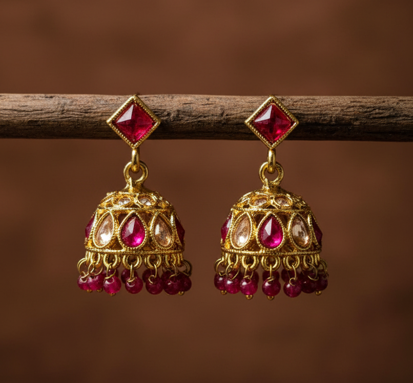 Jazz And Sizzle Gold Plated Pinkish Red Kundan & Stone Studded Jhumka Earrings